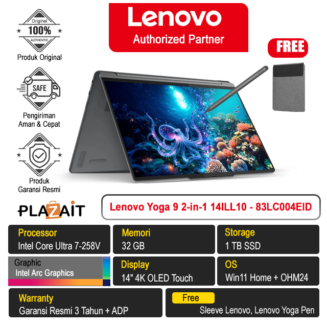 Lenovo Yoga 9 2-in-1 14ILL10 - 83LC004EID /Intel Core Ultra 7-258V/32GB/1TB SSD/Intel Arc Graphics/14" 4K OLED Touch/Win 11 Home+OH24+M365/Luna Grey/3Y