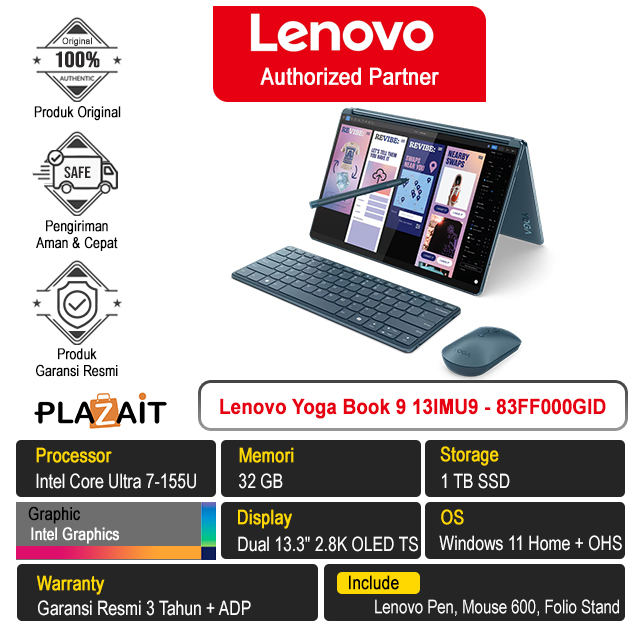 Lenovo Yoga Book 9 13IMU9 - 83FF000GID /Intel Core Ultra 7-155U/32GB/1TB SSD/Intel Graphics/Dual 13.3″ 2.8K OLED Touch/Win 11 Home+OHS 2021/Tidal Teal/3Y