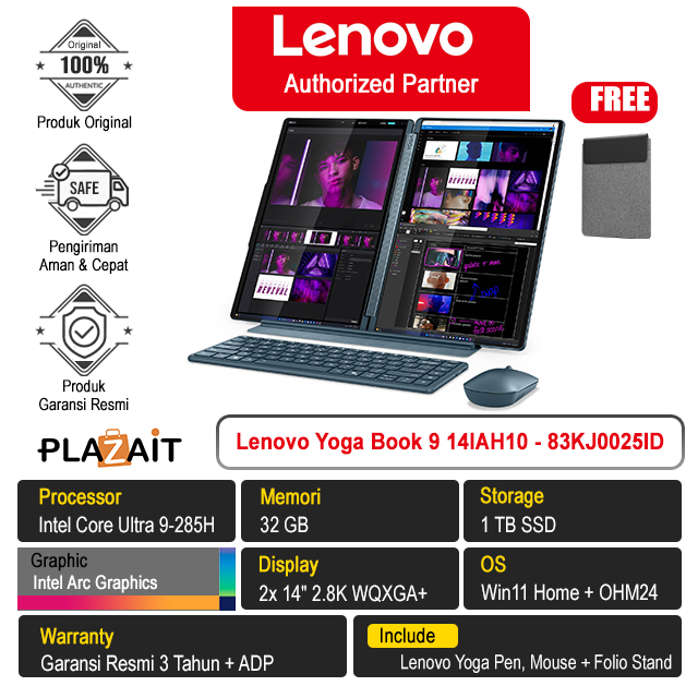 Lenovo Yoga Book 9 14IAH10 - 83KJ0025ID /Intel Core Ultra 9-285H/32GB/1TB SSD/Intel Arc Graphics/2x 14" 2.8K WQXGA+/Win 11 Home+OH24+M365/Tidal Teal/3Y