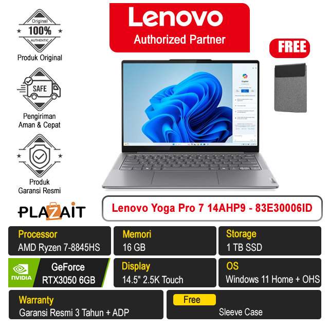 Lenovo Yoga Pro 7 14AHP9 - 83E30006ID /AMD Ryzen 7-8845HS/16GB/1TB SSD/RTX3050 6GB/14.5″ 2.5K Touch/Win 11 Home+OHS 2021/Luna Grey/3Y
