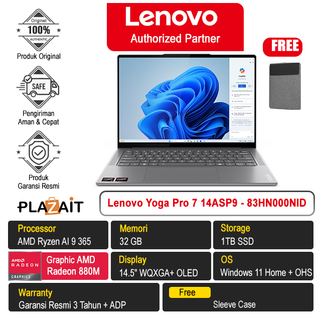 Lenovo Yoga Pro 7 14ASP9 - 83HN000NID /AMD Ryzen AI 9 365/32GB/1TB SSD/AMD Radeon 880M Graphics/14.5" 2.8K WQXGA+ OLED/Win 11 Home+OHS 2021/Luna Grey/3Y