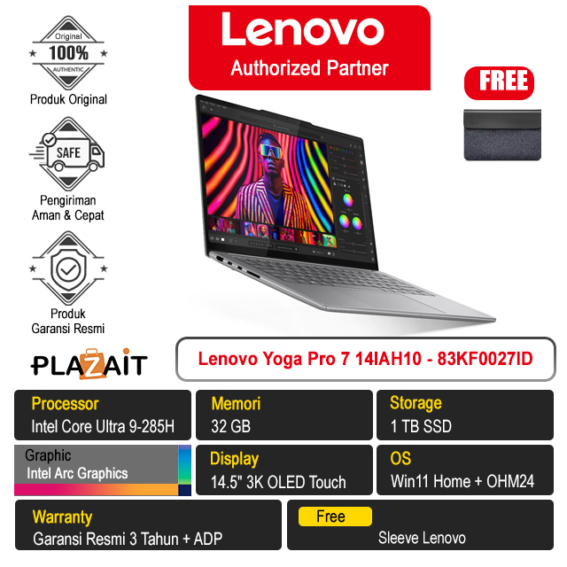 Lenovo Yoga Pro 7 14IAH10 - 83KF0027ID /Intel Core Ultra 9-285H/32GB/1TB SSD/Intel Arc Graphics/14.5" 3K OLED Touch/Win 11 Home+OH24+M365/Luna Grey/3Y