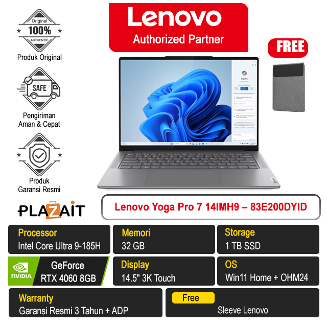 Lenovo Yoga Pro 7 14IMH9 - 83E200DYID /Intel Core Ultra 9-185H/32GB/1TB SSD/RTX4060 8GB/14.5″ 3K Touch/Win 11 Home+OH24+M365/Luna Grey/3Y