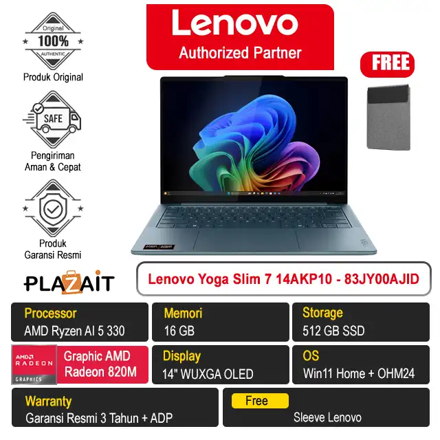 Lenovo Yoga Slim 7 14AKP10 - 83JY00AJID /AMD Ryzen AI 5 330/16GB/512GB SSD/AMD Radeon Graphics/14" WUXGA OLED/Win 11 Home+OH24+M365/Tidal Teal/3Y
