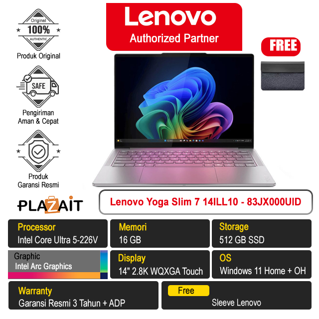 Lenovo  Yoga Slim 7 14ILL10 - 83JX000UID /Intel Core Ultra 5-226V/16GB/512GB SSD/Intel Arc Graphics/14" 2.8K WQXGA OLED Touch/Win 11 Home+OH 2024/Luna Grey/3Y