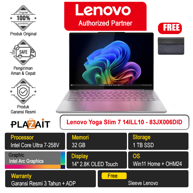 Lenovo Yoga Slim 7 14ILL10 - 83JX006DID /Intel Core Ultra 7-258V/32GB/1TB SSD/Intel Arc Graphics/14" 2.8K OLED Touch/Win 11 Home+OH24+M365/Luna Grey/3Y