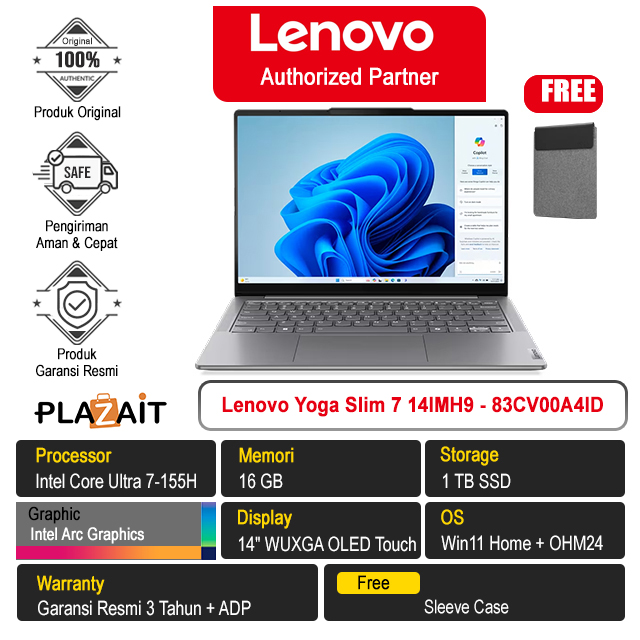 Lenovo Yoga Slim 7 14IMH9 - 83CV00A4ID /Intel Core Ultra 7-155H/16GB/1TB SSD/Intel Arc Graphics/14″ WUXGA OLED Touch/Win 11 Home+OH24+M365/Luna Grey/3Y