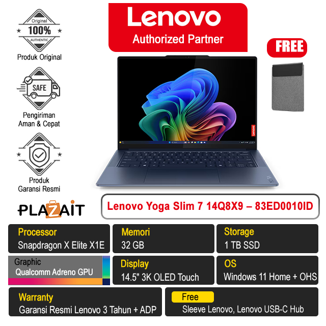 Lenovo Yoga Slim 7 14Q8X9 - 83ED0010ID /Snapdragon X Elite/32GB/1TB SSD/Qualcomm Adreno/14.5″ 3K OLED Touch/Win 11 Home+OHS 2021/Cosmic Blue/3Y