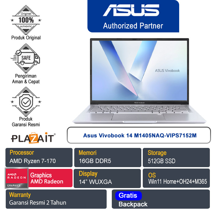 Asus Vivobook 14 M1405NAQ-VIPS7152M /AMD Ryzen 7-170/16GB/512GB SSD/AMD Radeon Graphics/14" WUXGA/Win 11 Home+OH24+M365/Cool Silver/2Y