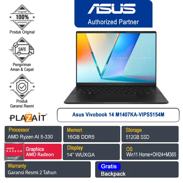 Asus Vivobook 14 M1407KA-VIPS5154M /AMD Ryzen AI 5-340/16GB/512GB SSD/AMD Radeon Graphics/14" WUXGA/Win 11 Home+OH24+M365/Quiet Blue/2Y