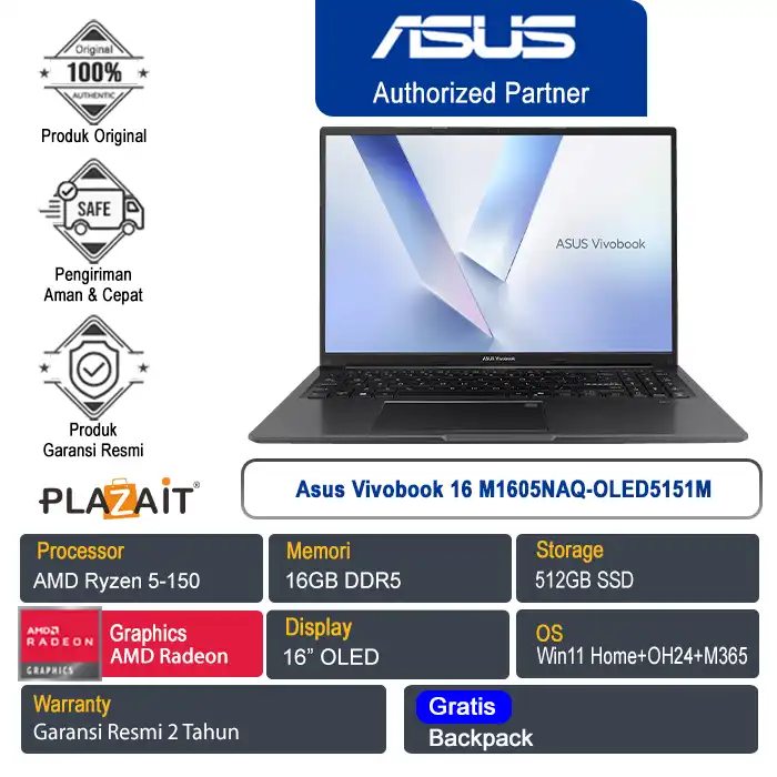 Asus Vivobook 16 M1605NAQ-OLED5151M /AMD Ryzen 5-150/16GB/512GB SSD/AMD Radeon Graphics/16" WUXGA/Win 11 Home+OH24+M365/Indie Black/2Y