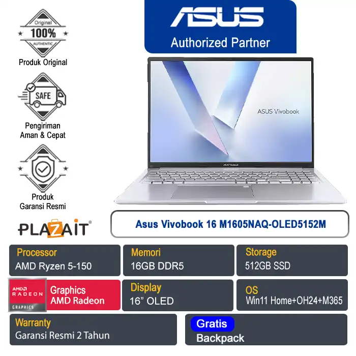 Asus Vivobook 16 M1605NAQ-OLED5152M /AMD Ryzen 5-150/16GB/512GB SSD/AMD Radeon Graphics/16" WUXGA/Win 11 Home+OH24+M365/Cool Silver2Y