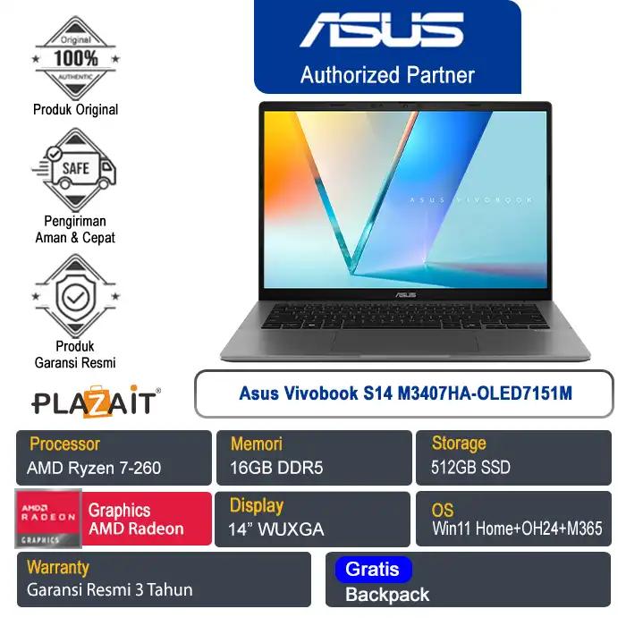 Asus Vivobook S14 M3407HA-OLED7151M /AMD Ryzen 7-260/16GB/512GB SSD/AMD Radeon Graphics/14" WUXGA/Win 11 Home+OH24+M365/Matte Gray/3Y
