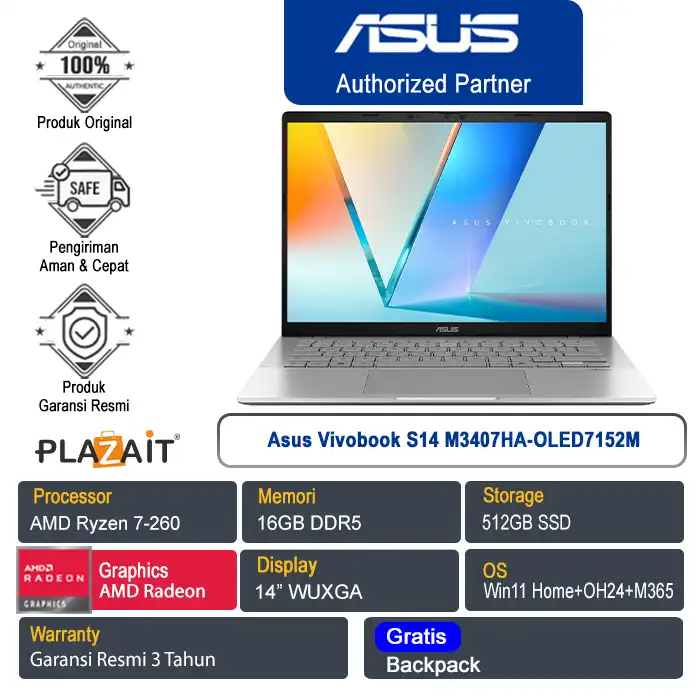 Asus Vivobook S14 M3407HA-OLED7152M /AMD Ryzen 7-260/16GB/512GB SSD/AMD Radeon Graphics/14" WUXGA/Win 11 Home+OH24+M365/Cool Silver/3Y