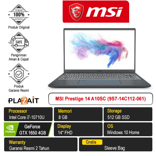 MSI Prestige 14 A10SC (9S7-14C112-061) /Intel Core i7-10710U/8GB/512GB SSD/GTX 1650 4GB/14″ FHD/Win 10 Home/Carbon Gray/2Y