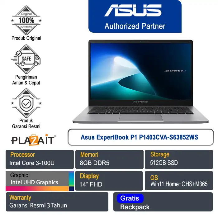 Asus ExpertBook P1 P1403CVA-S63852WS /Intel Core 3-100U/8GB/512GB SSD/Intel UHD Graphics/14" FHD/Win 11 Home+OHS+M365/Misty Grey/3Y
