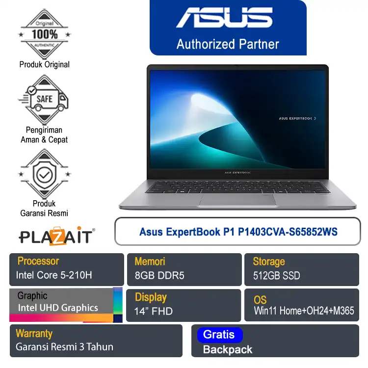 Asus ExpertBook P1 P1403CVA-S65852WS /Intel Core 5-210H/8GB/512GB SSD/Intel UHD Graphics/14" FHD/Win 11 Home+OH24+M365/Misty Grey/3Y