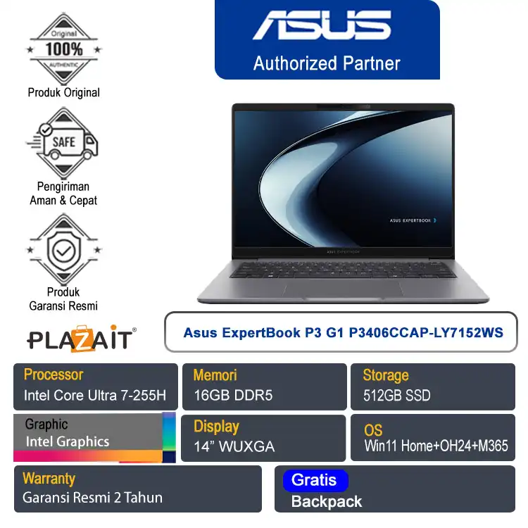 Asus ExpertBook P3 G1 P3406CCAP-LY7152WS /Intel Core Ultra 7-255H/16GB/512GB SSD/Intel Graphics/14" WUXGA/Win 11 Home+OH24+M365/Misty Grey/2Y