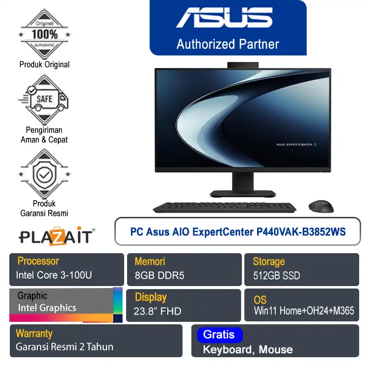 PC Asus All In One ExpertCenter P440VAK-B3852WS /Intel Core 3-100U/8GB/512GB SSD/Intel Graphics/23.8" FHD/Win 11 Home+OH24+M365/Black/2Y