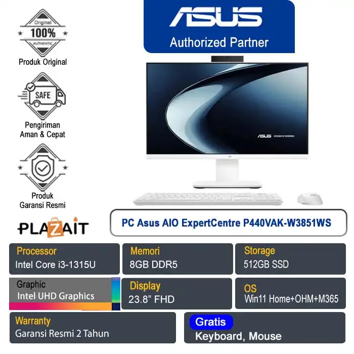 PC Asus All In One ExpertCentre P440VAK-W3851WS /Intel Core i3-1315U/8GB/512GB SSD/Intel UHD Graphics/23.8" FHD/Win 11 Home+OHM+M365/White/2Y