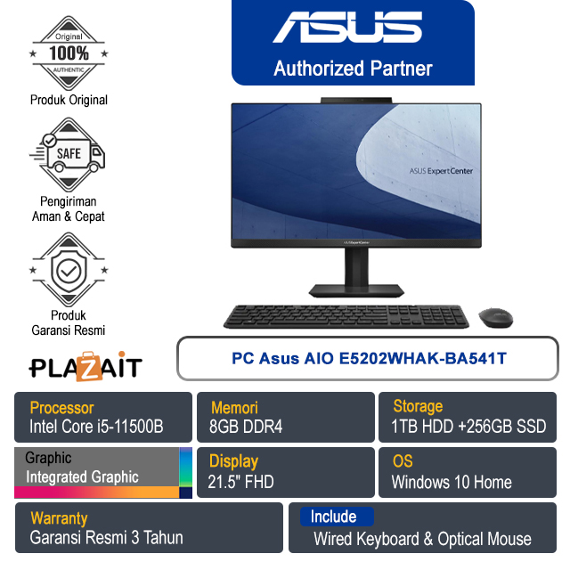 PC Asus AIO E5202WHAK-BA541T /Intel Core i5-11500B/8GB/1TB HDD+256GB SSD/Integrated Graphic/21.5" FHD IPS/Win 10 Home/Black/3Y
