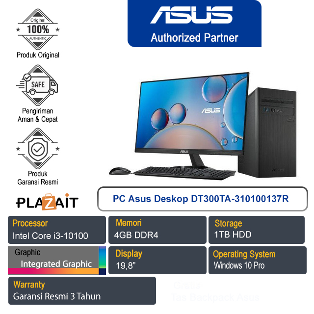 PC Asus Deskop DT300TA-310100137R/Intel Core i3-10100/4GB/1TB+512GB/Integrated Graphic/Win10 Pro/Black/3Y