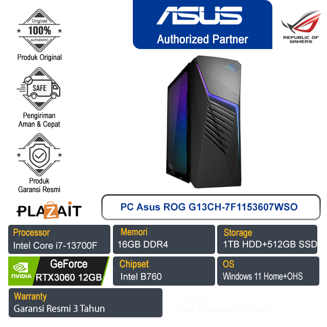 PC Asus Gaming ROG G13CH-7F1153607WSO/Intel Core i7-13700F/16GB/1TB HDD+512GB SSD/NVIDIA GeForce RTX3060 12GB/Win11 Home+OHS/Extreme Dark Gray/3Y