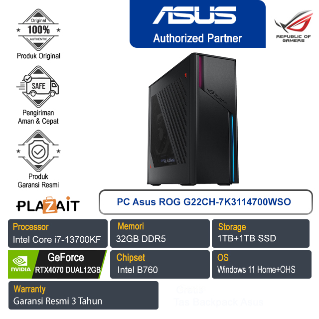 PC Asus ROG G22CH-7K3114700WSO/Intel Core i7-13700KF/32GB/1TB+1TB SSD/NVIDIA GeForce RTX4070 DUAL12GB/Win 11+OHS/Extreme Dark Gray/3Y