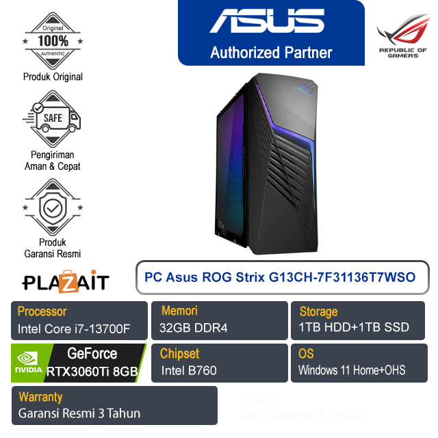 PC Asus ROG Strix G13CH-7F31136T7WSO/Intel Core i7-13700F/32GB/1TB HDD+1TB SSD/NVIDIA GeForce RTX3060Ti 8GB/Win 11 Home+OHS/Extreme Dark Gray/3Y