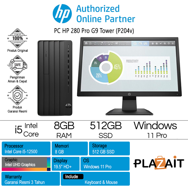PC HP 280 Pro G9 Tower /Intel Core i5-12500/8GB/512GB SSD/Intel UHD Graphics/19.5" HD+ (P204v)/Win 11 Pro/Black/3Y