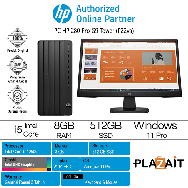 PC HP 280 Pro G9 Tower /Intel Core i5-12500/8GB/512GB SSD/Intel UHD Graphics/21.5" FHD (P22va)/Win 11 Pro/Black/3Y