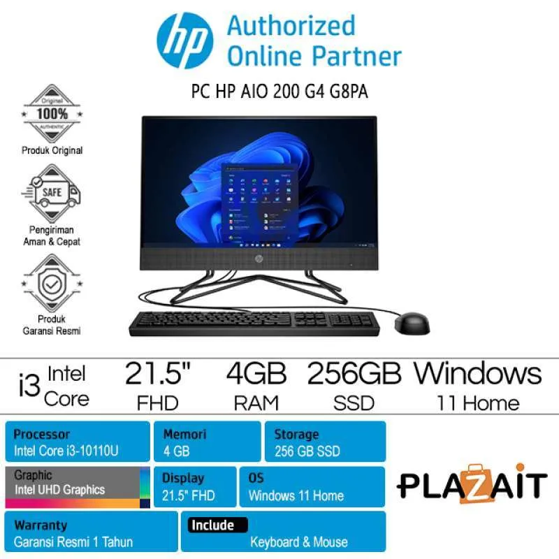 PC HP AIO 200 G4 – 614G8PA /Intel Core i3-10110U /4GB/256GB SSD/Intel UHD Graphics /21.5″ FHD/Windows 11 Home/Black/1Y