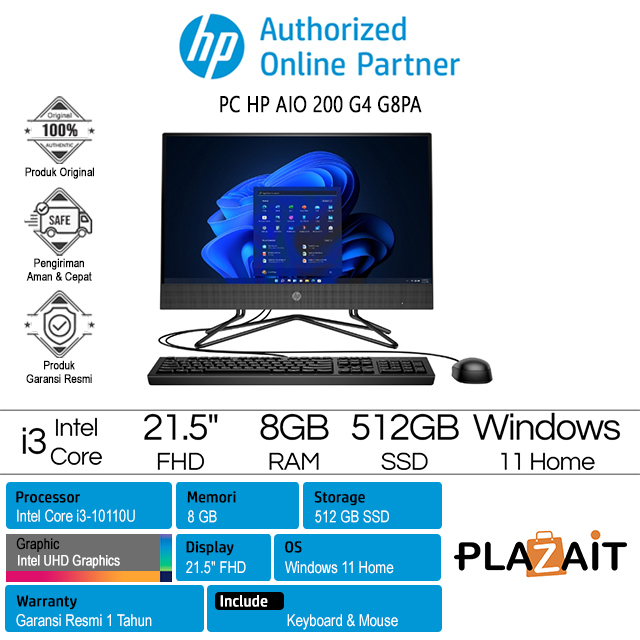 PC HP AIO 200 G4 - 614G8PA /Intel Core i3-10110U /8GB/512GB SSD/Intel UHD Graphics /21.5" FHD/Windows 11 Home/Black/1Y