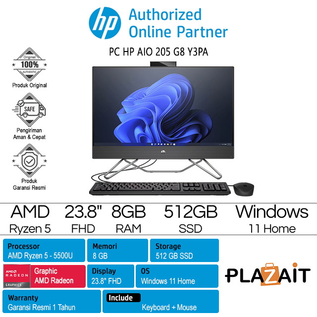 PC HP AIO 205 G8 - 6K7Y3PA /AMD Ryzen 5-5500U/8GB/512GB SSD/AMD Radeon Graphics/23.8" FHD/Windows 11 Home/Black/1Y