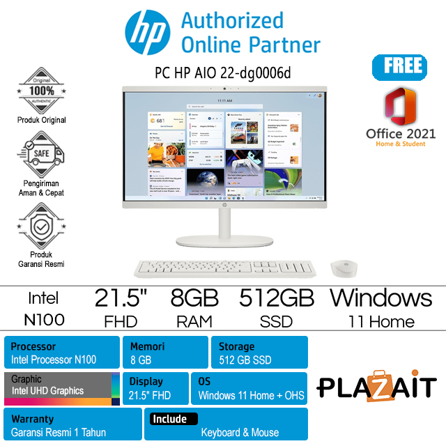 PC HP AIO 22-dg0006d - 9X825PA /Intel Processor N100/8GB/512GB SSD/Intel UHD Graphics/21.5″ FHD/Win 11 Home+OHS 2021/White/1Y