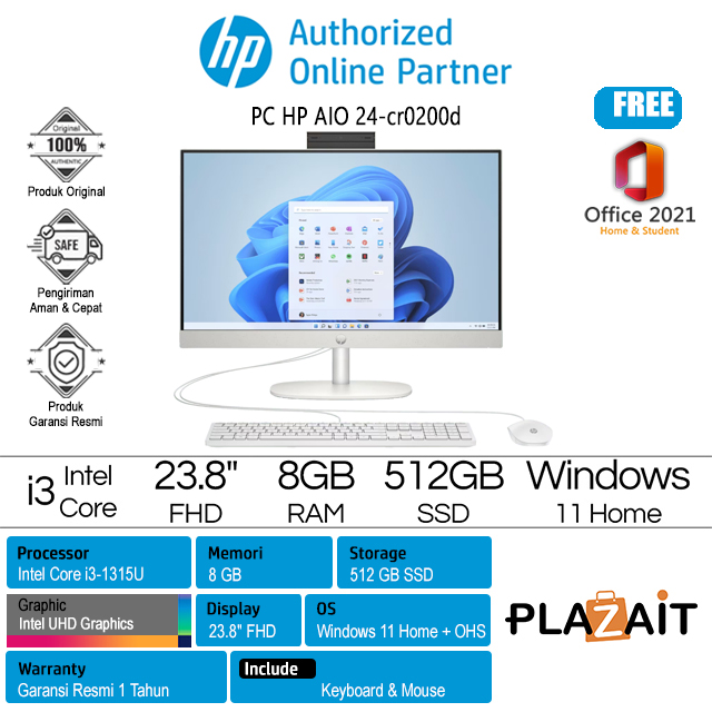 PC HP AIO 24-cr0200d - B5RL2PA /Intel Core i3-1315U/8GB/512GB SSD/Intel UHD Graphics/23.8" FHD/Win 11 Home+OHS21/White/1Y