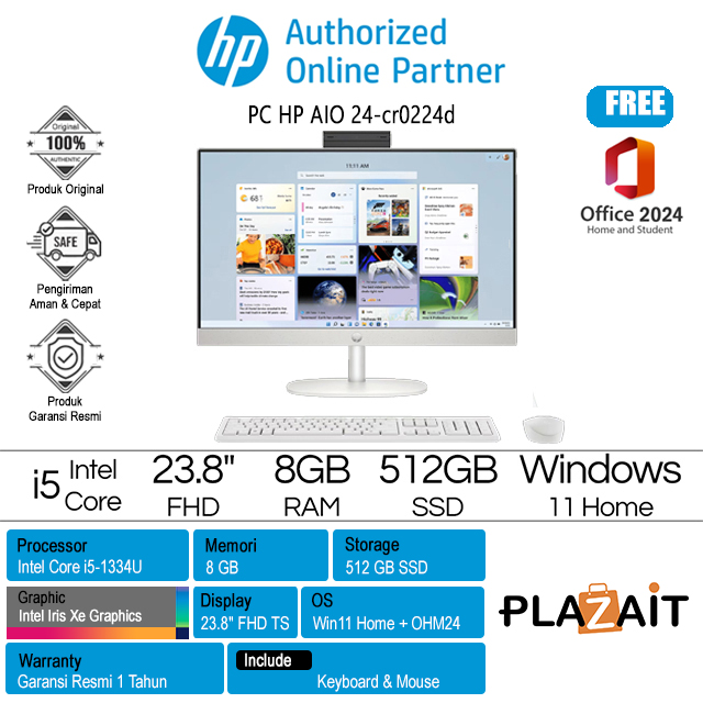 PC HP AIO 24-cr0224d - B6NU8PA /Intel Core i5-1334U/8GB/512GB SSD/Intel Iris Xe Graphics/23.8" FHD Touch/Win 11 Home+OH24+M365/White/1Y