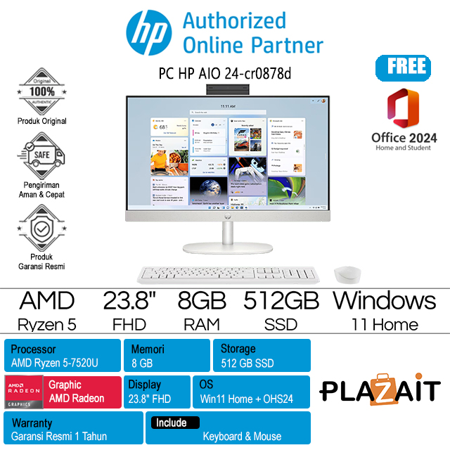 PC HP AIO 24-cr0878d - B64F0PA /AMD Ryzen 5-7520U/8GB/512GB SSD/AMD Radeon Graphics/23.8″ FHD/Win 11 Home+OHS24+M365/White/1Y