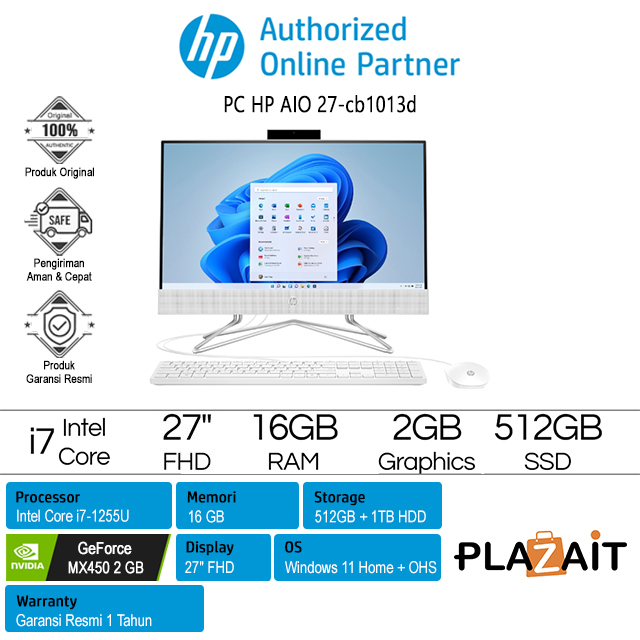 PC HP AIO 27-cb1013d - 88T93PA /Intel Core i7-1255U/16GB/512GB SSD+1TB HDD/MX450 2GB/27″ FHD Touch/Win 11 Home+OHS/White/1Y