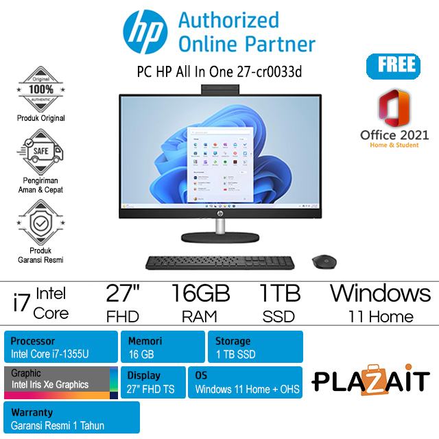 PC HP AIO 27-cr0033d - 90J65PA /Intel Core i7-1355U/16GB/1TB SSD/Intel Iris Xe Graphics/27″ FHD Touch/Win 11 Home+OHS 2021/Black/1Y