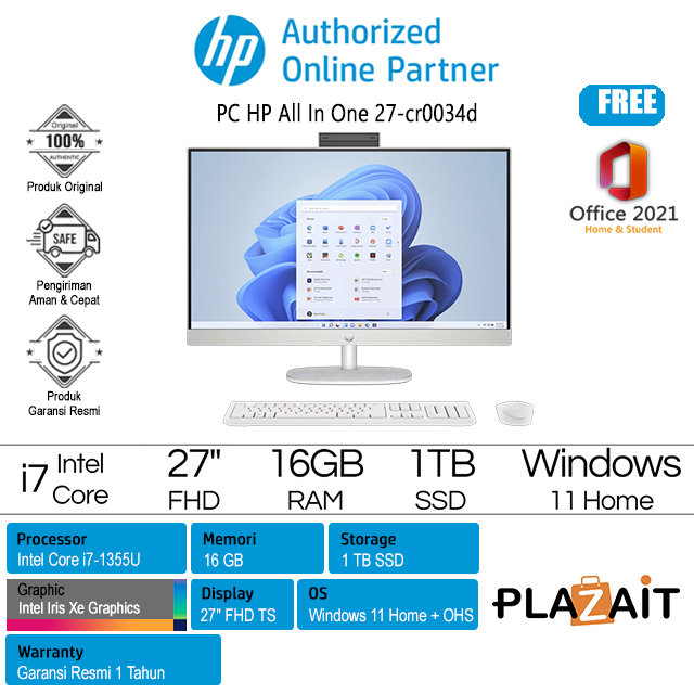 PC HP AIO 27-cr0034d - 90J67PA /Intel Core i7-1355U/16GB/1TB SSD/Intel Iris Xe Graphics/27″ FHD Touch/Win 11 Home+OHS 2021/White/1Y