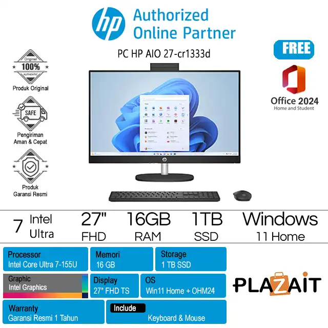 PC HP AIO 27-cr1333d - A30Z6PA /Intel Core Ultra 7-155U/16GB/1TB SSD/Intel Graphics/27″ FHD IPS Touch/Win 11 Home+OH24+M365/Black/1Y