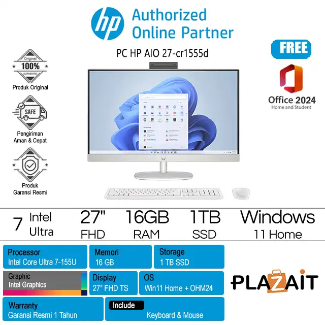 PC HP AIO 27-cr1555d - A30Z7PA /Intel Core Ultra 7-155U/16GB/1TB SSD/Intel Graphics/27″ FHD IPS Touch/Win 11 Home+OH24+M365/White/1Y