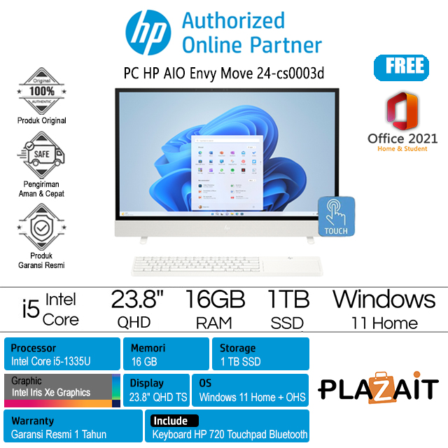 PC HP AIO Envy Move 24-cs0003d - 8Y9D2PA /Intel Core i5-1335U/16GB/1TB SSD/Intel Iris Xe Graphics/23.8″ QHD Touch/Win 11 Home+OHS21/Shell White/1Y