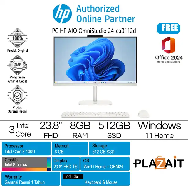 PC HP AIO OmniStudio 24-cu0112d - D6ZJ1PA /Intel Core 3-100U/8GB/512GB SSD/Intel Graphics/23.8" FHD Touch/Win 11 Home+OH24+M365/White/1Y
