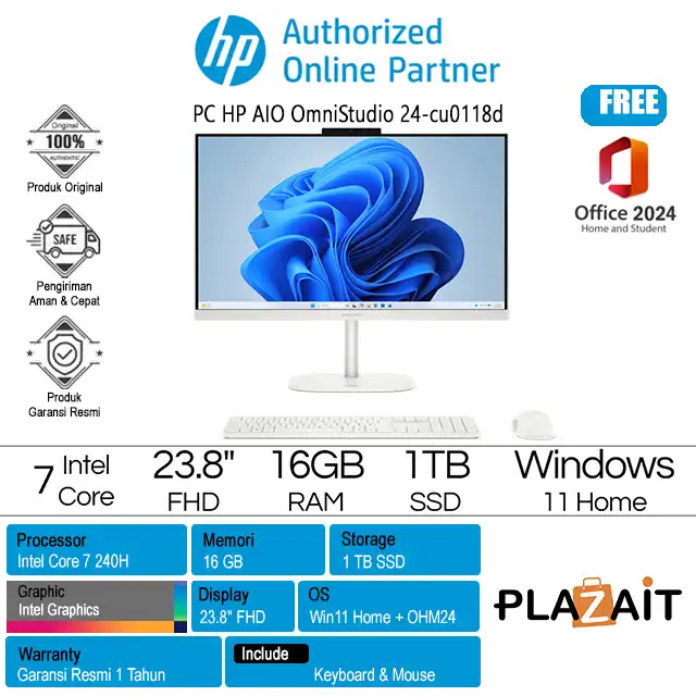 PC HP AIO OmniStudio 24-cu0118d - D70DKPA /Intel Core 7-240H/16GB/1TB SSD/Intel Graphics/23.8" FHD/Win 11 Home+OH24+M365/White/1Y