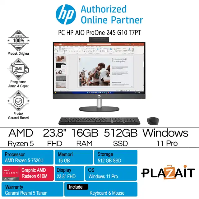 PC HP AIO ProOne 245 G10 - AW0T7PT /AMD Ryzen 5-7520U/16GB/512GB SSD/AMD Radeon Graphics/23.8" FHD/Win 11 Pro/Black/5Y