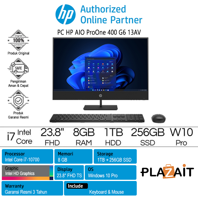 PC HP AIO ProOne 400 G6 - 9GR13AV /Intel Core i7-10700/8GB/1TB HDD+256GB SSD/Intel HD Graphics/23.8" FHD Touch/Win 10 Pro/Black/3Y