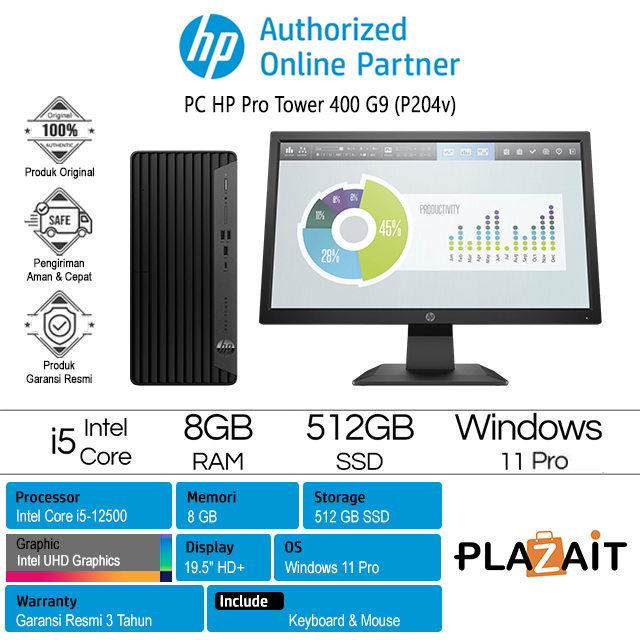 PC HP ProDesk 400 G9 Tower /Intel Core i5-12500/8GB/512GB SSD/Intel UHD Graphics/19.5" HD+ (P204v)/DVDRW/Win 11 Pro/Black/3Y