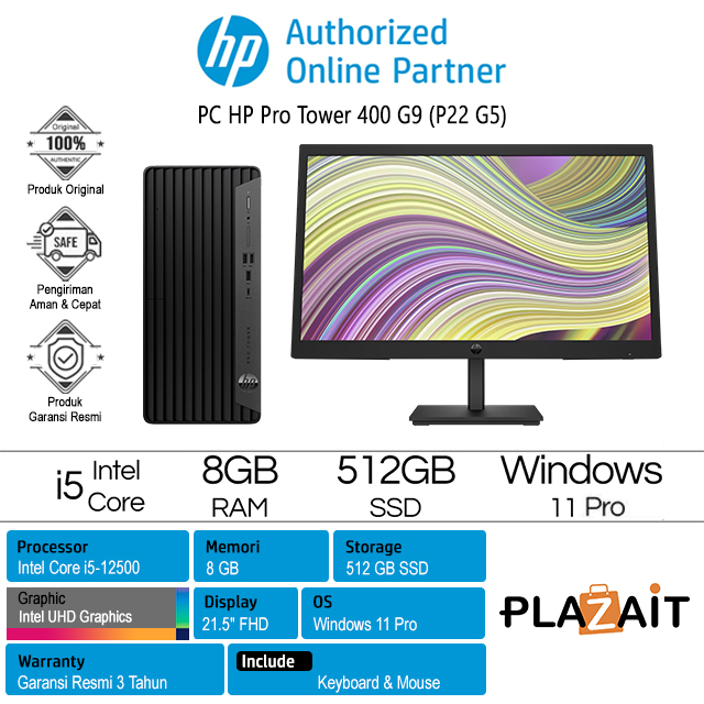 PC HP ProDesk 400 G9 Tower /Intel Core i5-12500/8GB/512GB SSD/Intel UHD Graphics/21.5" FHD (P22 G5)/DVDRW/Win 11 Pro/Black/3Y